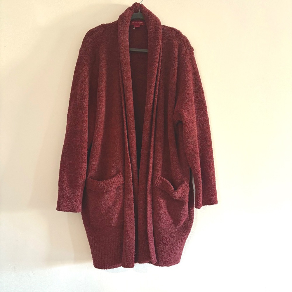 Barefoot Dreams CozyChic Cardigan Burgundy Maroon Shawl Collar Pockets 1X Lounge